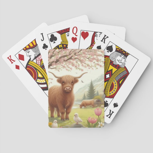 Cute, floral/spring highland cow playing cards (Back)