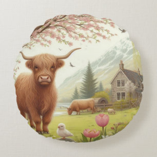 Cute, floral/spring highland cow round cushion