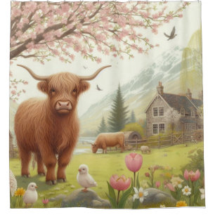 Cute, floral/spring highland cow shower curtain