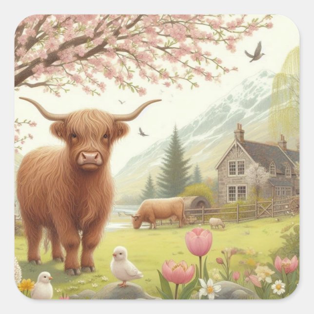 Cute, floral/spring highland cow square sticker (Front)