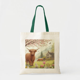 Cute, floral/spring highland cow tote bag