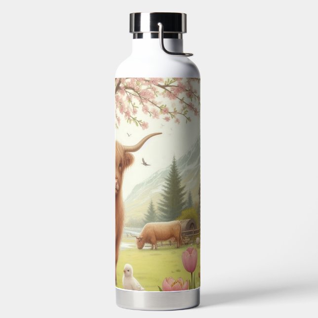 Cute, floral/spring highland cow water bottle (Left)