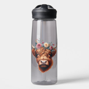 Cute, floral/spring highland cow water bottle