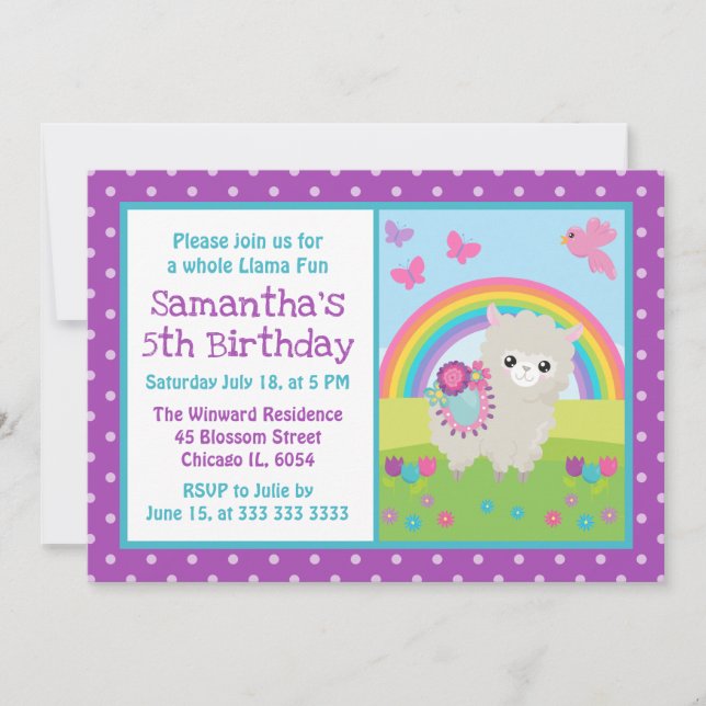Cute Floral Spring Llama & Rainbow Birthday Invitation (Front)
