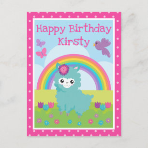 Cute Floral Spring Teal Llama & Rainbow Birthday Postcard