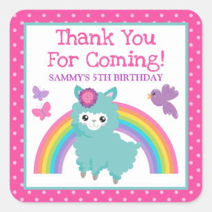 Cute Floral Spring Teal Llama & Rainbow Birthday Square Sticker
