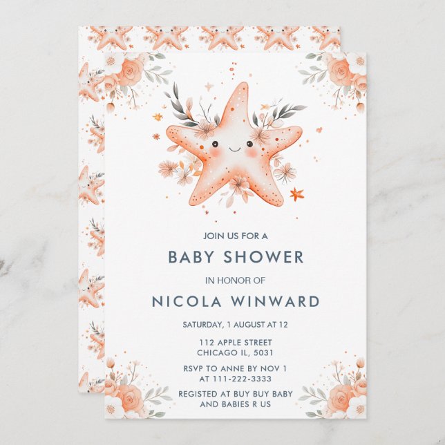 Cute Floral Starfish Baby Shower Invitation (Front/Back)