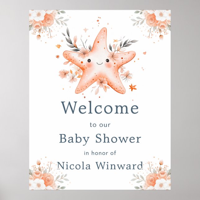 Cute Floral Starfish Baby Shower Welcome Poster (Front)
