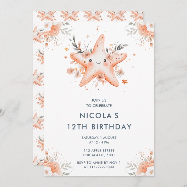Cute Floral Starfish Birthday Party Invitation (Front/Back)