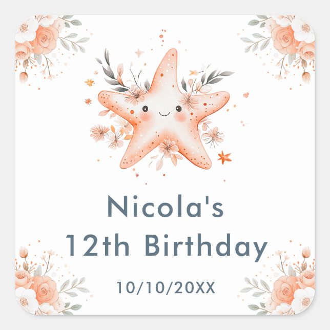 Cute Floral Starfish Birthday Party Square Sticker (Front)
