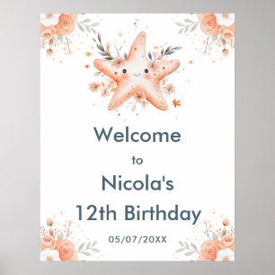 Cute Floral Starfish Birthday Party Welcome Poster