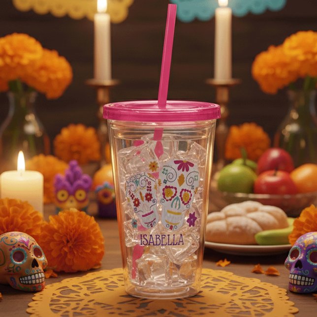 Cute Floral Sugar Skulls Personalised Acrylic Tumbler (Creator Uploaded)