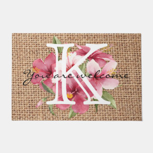 Cute floral summer monogrammed welcome text script doormat