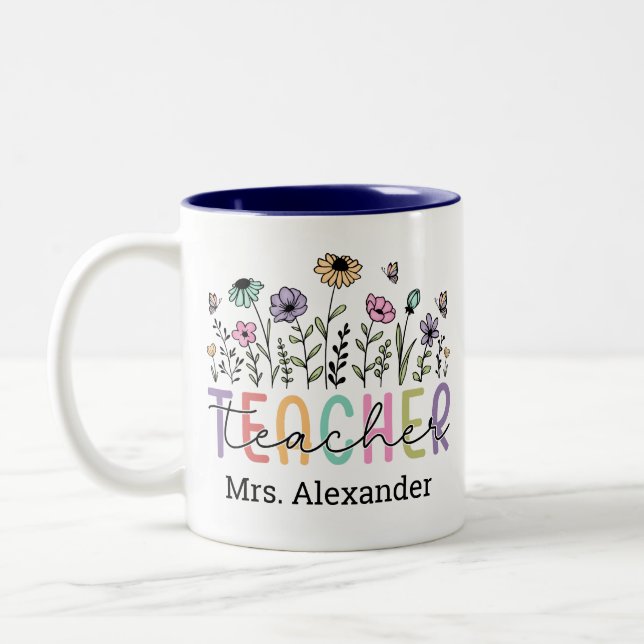 Cute Floral Teacher Appreciation Custom Name Two-Tone Coffee Mug (Left)