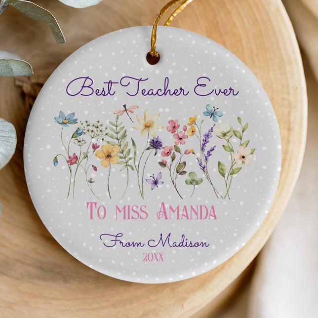 Cute floral Teacher Christmas pastel flowers  Ceramic Ornament (Creator Uploaded)