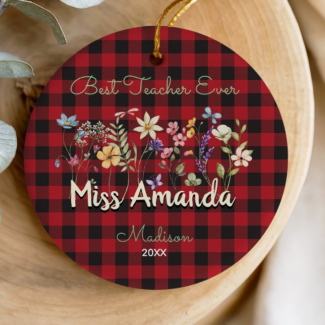 Cute floral Teacher Christmas red baffalo plaid Ceramic Ornament (Creator Uploaded)