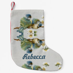 cute floral teal mint green embroidery bird small christmas stocking