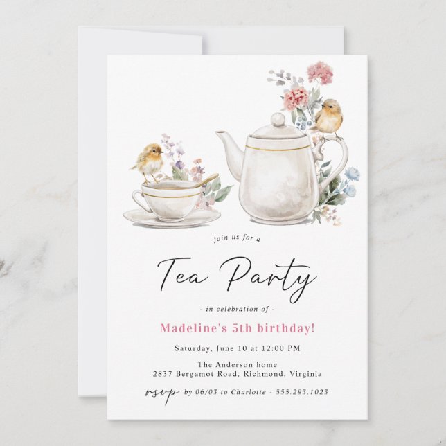 Cute Floral Teapot | Girl's Tea Party Birthday  Invitation (Front)
