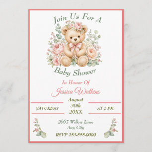 Cute Floral Teddy Bear Baby Shower Pink Green Invitation