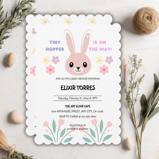 Cute Floral Tiny Hopper Bunny Baby Shower Invitation (Creator Uploaded)