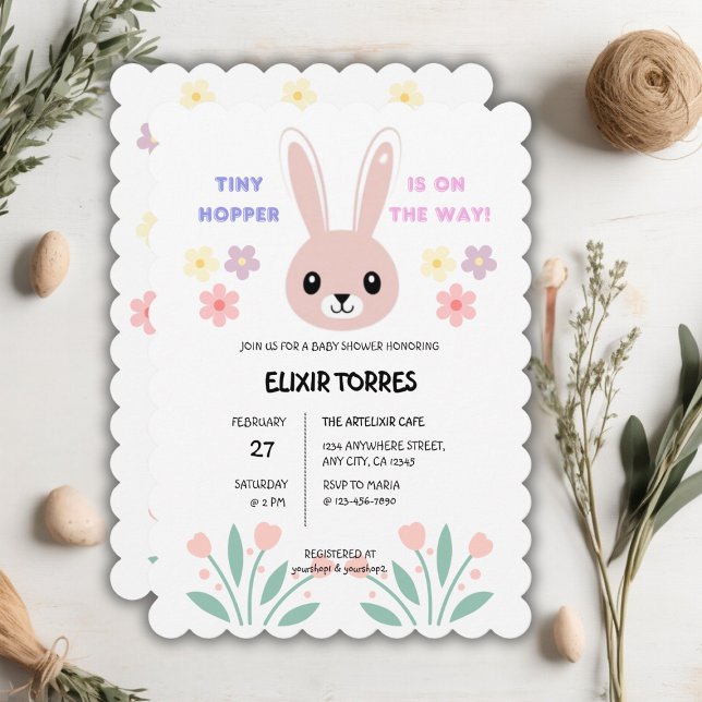 Cute Floral Tiny Hopper Bunny Baby Shower Invitation (Creator Uploaded)