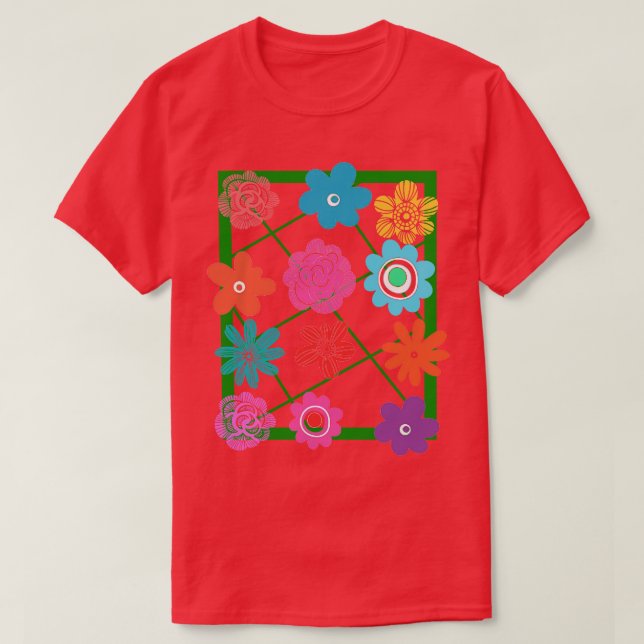 Cute Floral Trellis with Funky Colourful Summer Fl T-Shirt (Design Front)