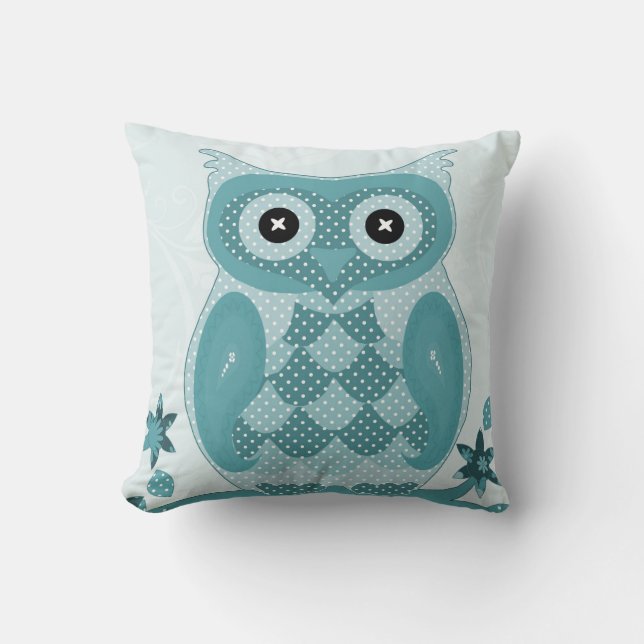 Cute Floral Turquoise Owl Throw Pillow (Front)
