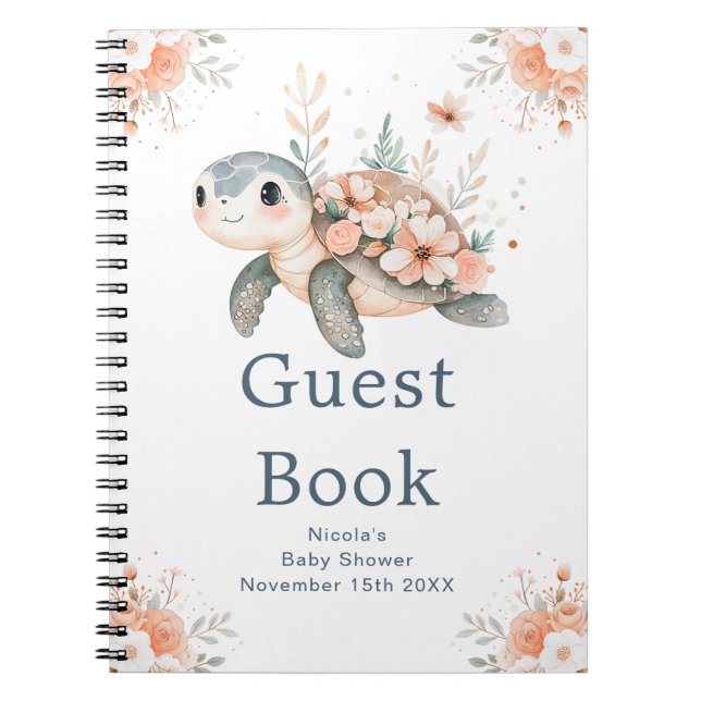 Cute Floral Turtle Baby Shower Guest Book (Front)