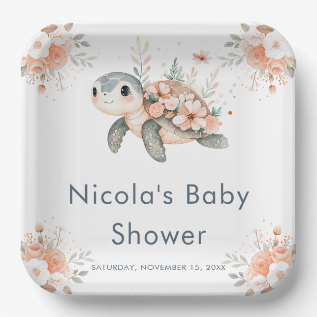 Cute Floral Turtle Baby Shower Paper Plate (Front)