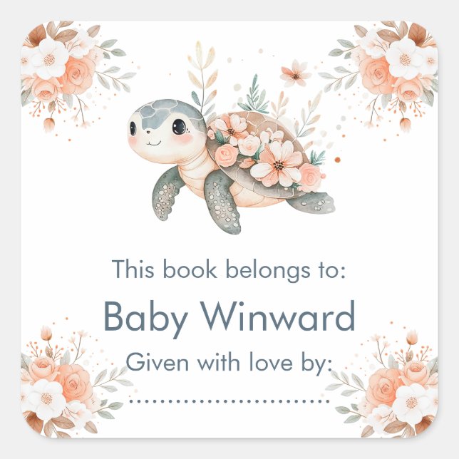 Cute Floral Turtle Baby Shower Square Sticker (Front)