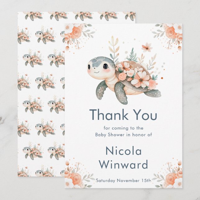 Cute Floral Turtle Baby Shower Thank You Card (Front/Back)