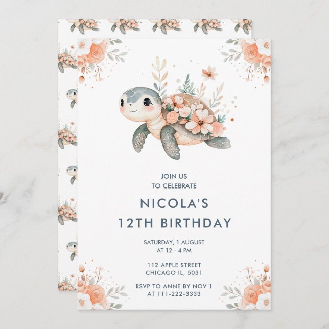 Cute Floral Turtle Birthday Party Invitation (Front/Back)