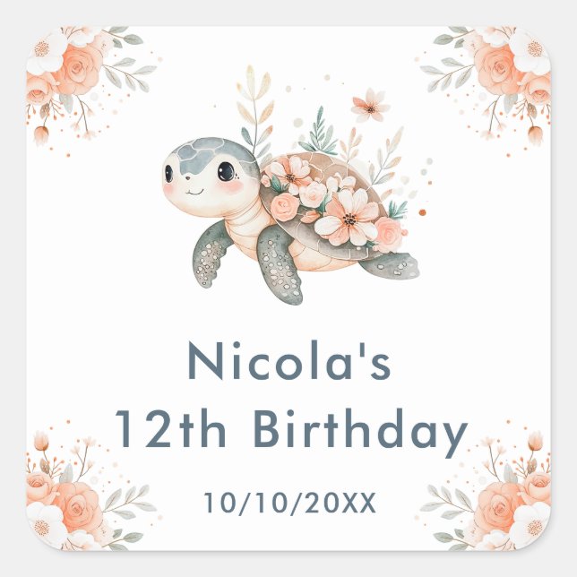 Cute Floral Turtle Birthday Party Square Sticker (Front)