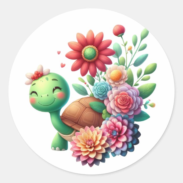 Cute Floral Turtle  Classic Round Sticker (Front)