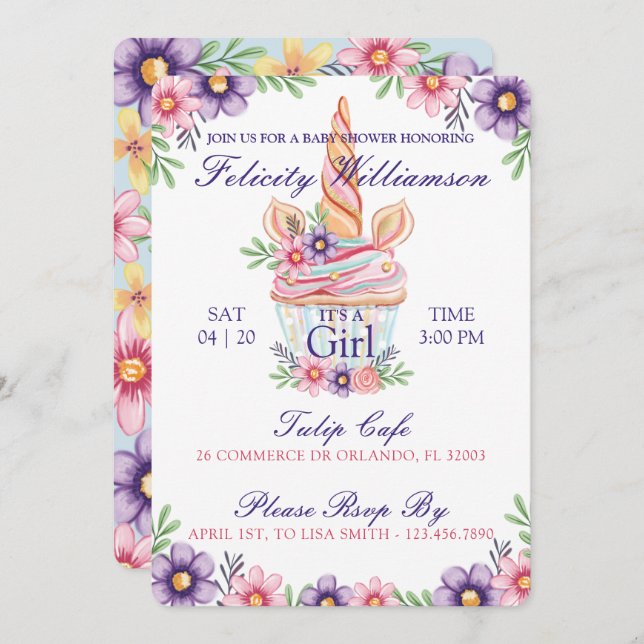 Cute Floral Unicorn Cupcake Baby Shower Invitation (Front/Back)