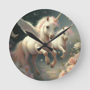 Cute floral Unicorns flying little pony Round Cl Clock