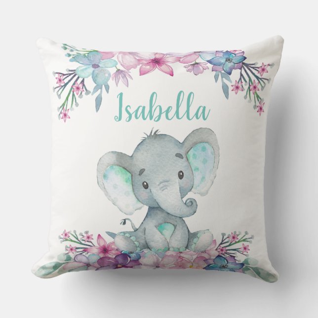 Cute Floral Watercolor Baby Elephant Throw Pillow (Front)