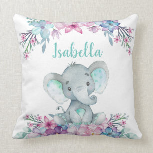 Cute Floral Watercolor Baby Elephant Throw Pillow
