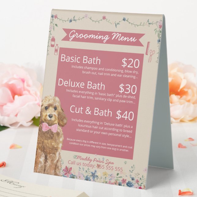 Cute Floral Watercolor Dog Grooming Services Menu  (In SItu (Wedding))