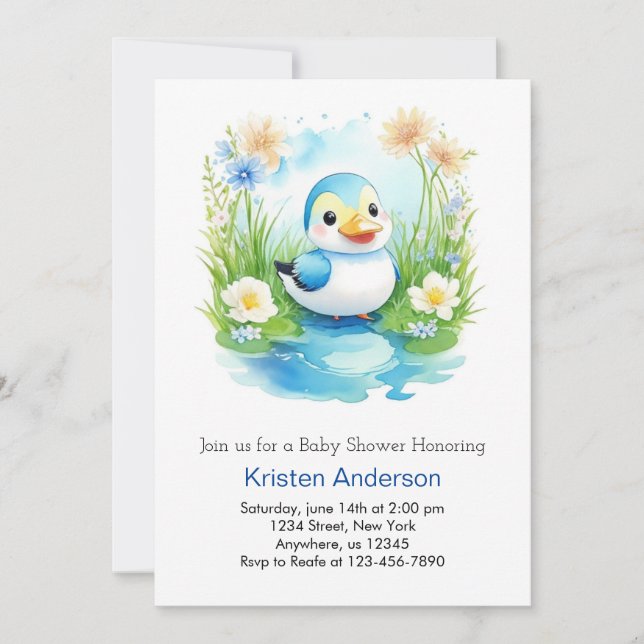 Cute Floral Watercolor Duck Boy Baby Shower Invitation (Front)