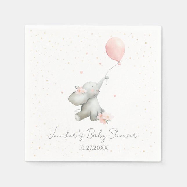 Cute Floral Watercolor Elephant with Balloon Napkin (Front)