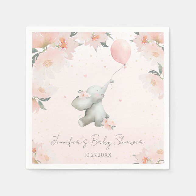 Cute Floral Watercolor Elephant with Balloon Napkin (Front)