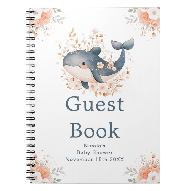 Cute Floral Whale Baby Shower Guest Book (Front)