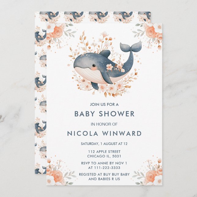 Cute Floral Whale Baby Shower Invitation (Front/Back)