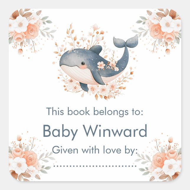 Cute Floral Whale Baby Shower  Square Sticker (Front)