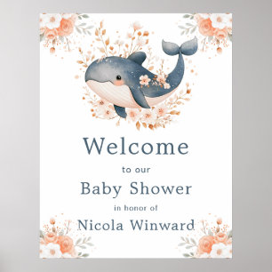 Cute Floral Whale Baby Shower Welcome Poster