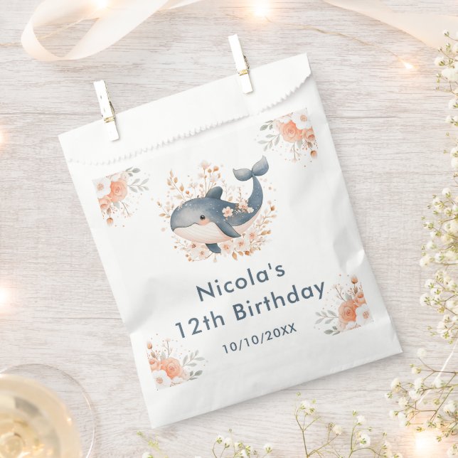Cute Floral Whale Birthday Party Favour Bag (Clipped)