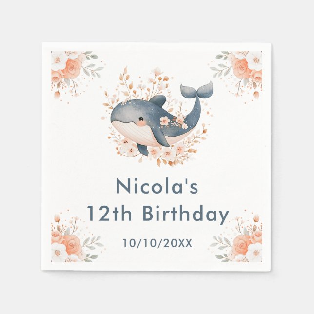 Cute Floral Whale Birthday Party Napkin (Front)