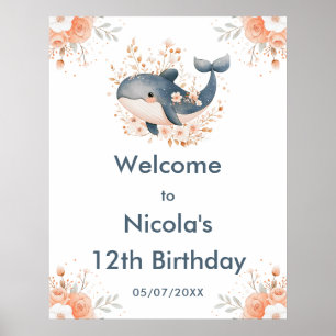 Cute Floral Whale Birthday Party Welcome Poster
