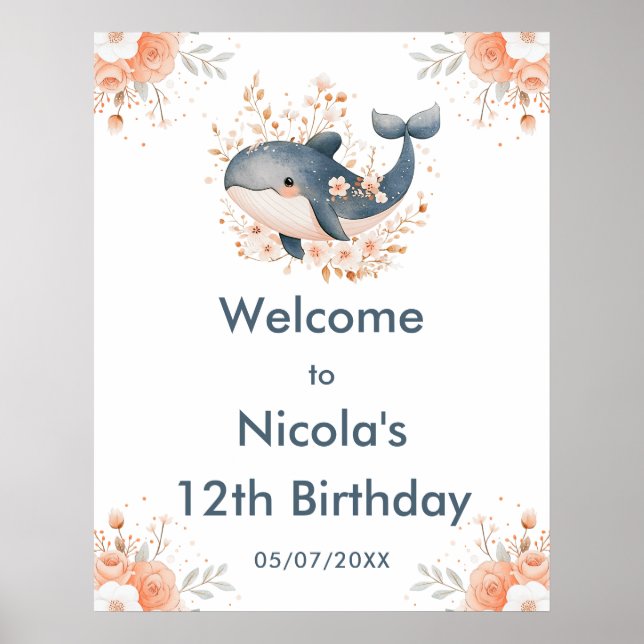 Cute Floral Whale Birthday Party Welcome Poster (Front)